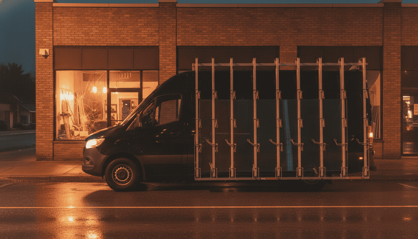 Illustrative scene: a black Mercedes Sprinter van with a side glass rack parked on a street at dusk