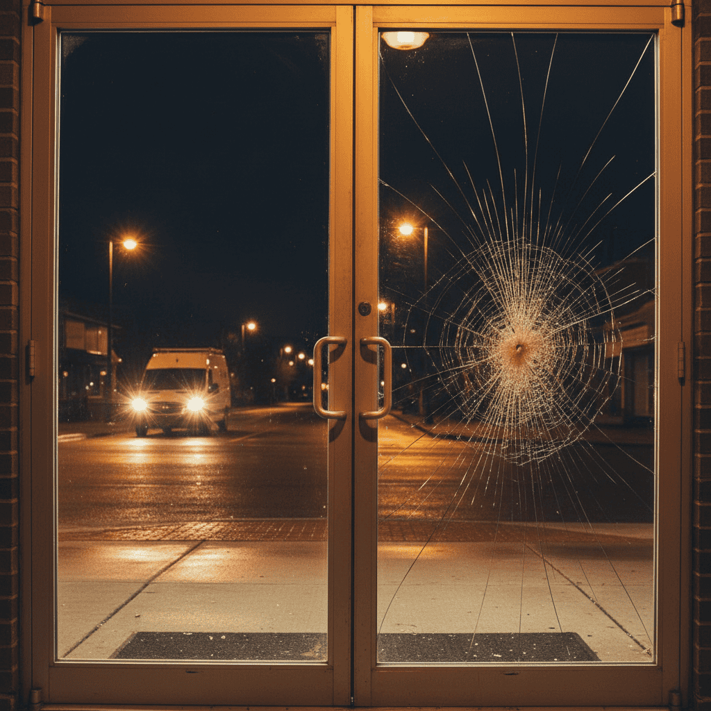 A commercial glass entry door with a break in the right pane after dark, a Glass 911 work van approaching with warm headlights in the distance.