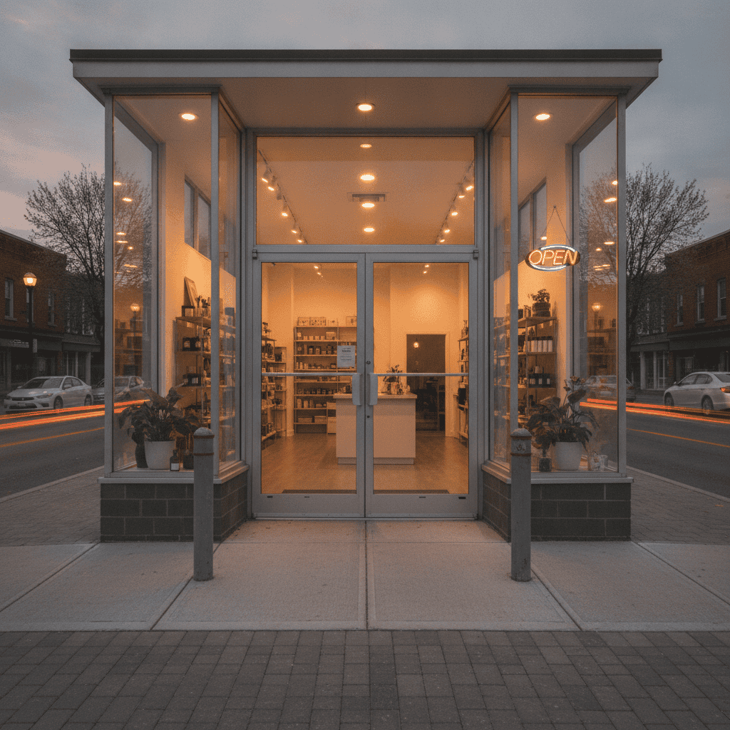 A freshly reglazed storefront at night with warm interior light, calm and back in business.