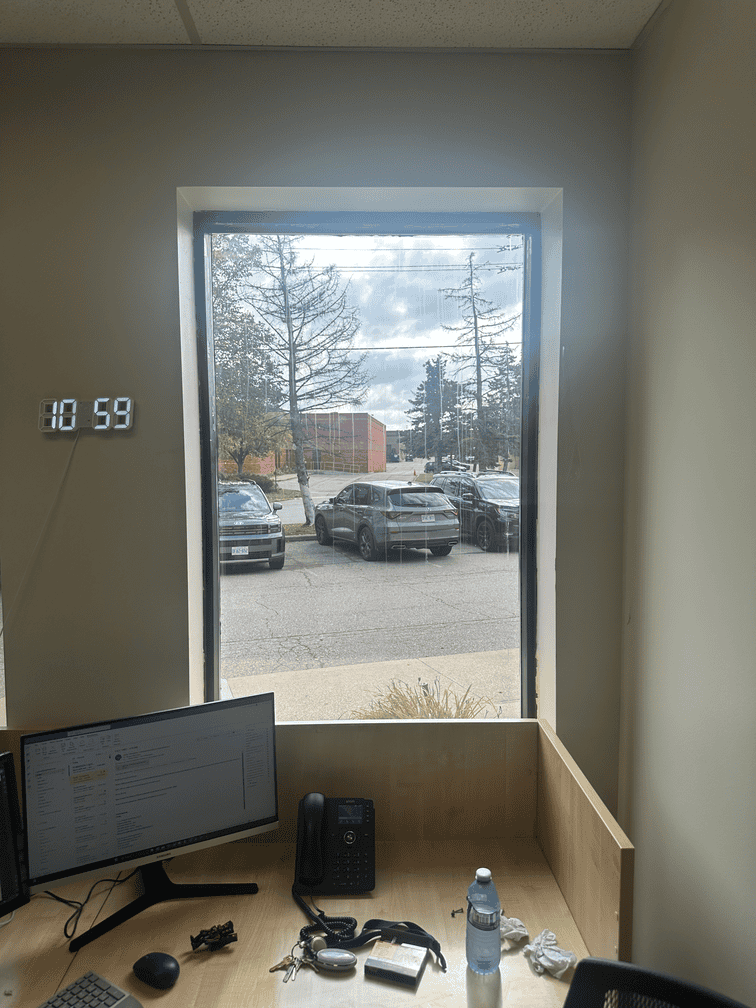 A large office window replaced and clear after break-in damage, the place back to normal.