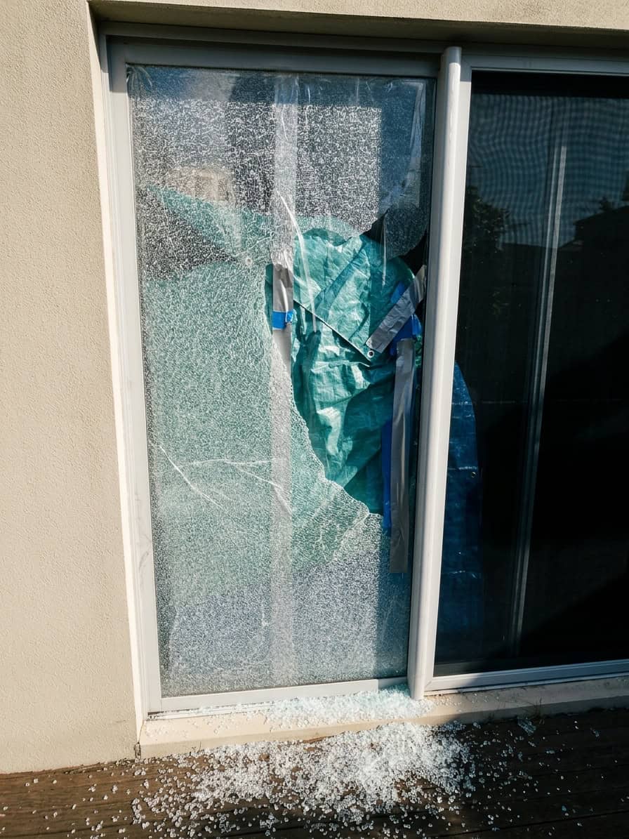 Real job photo: a crazed sliding door pane with a green tarp taped over the opening as a temporary cover, glass on the deck below