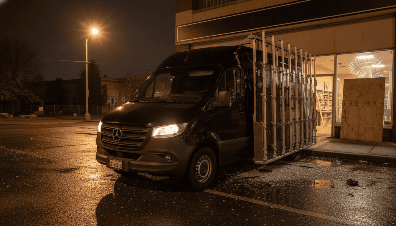 The Glass 911 black Mercedes Sprinter with a loaded glass rack on scene at a night break-in, the storefront being boarded up.